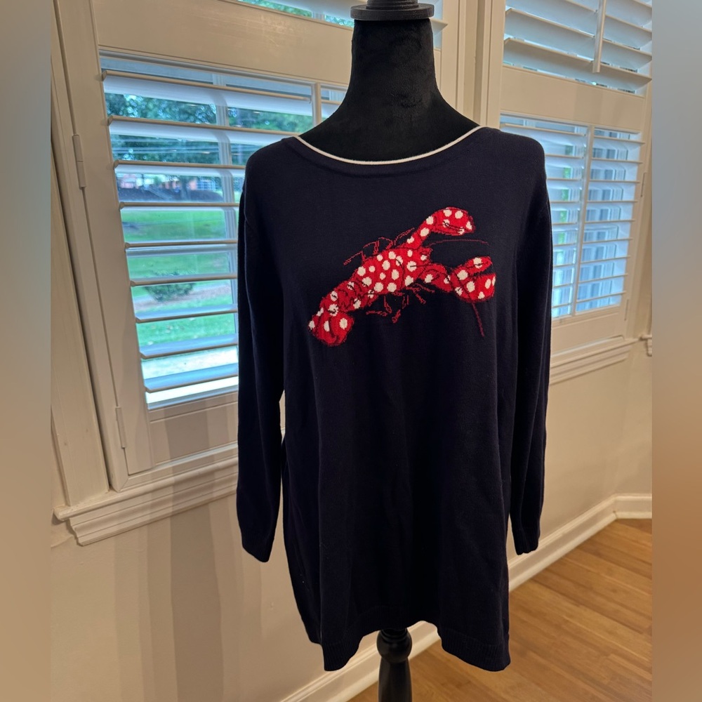 Talbots Navy Sweater with Red Lobster Motif
